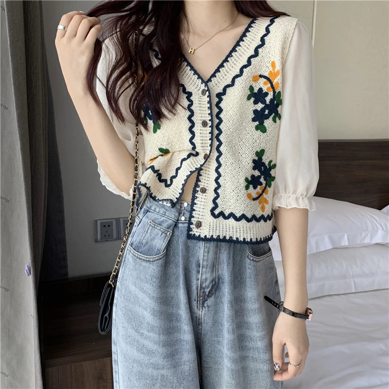 Flower Embroidery Crochet Blouse with Chiffon Sleeve Button Front