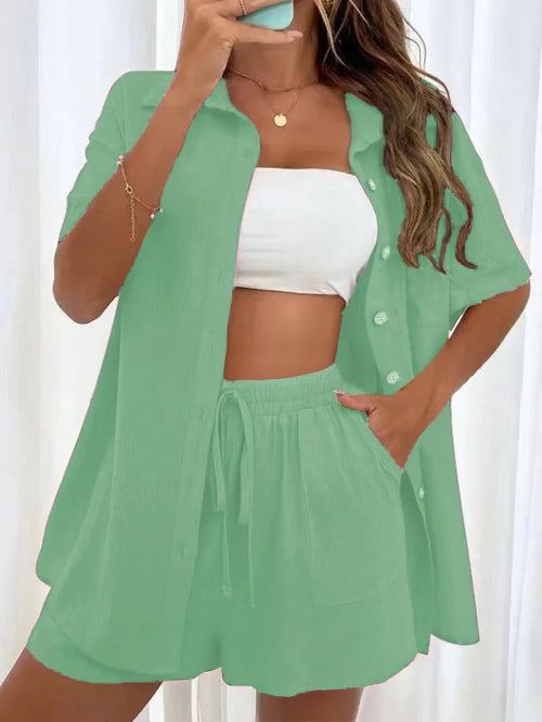 2 Pieces Women Sets Summer Solid Color Short Sleeve Open Stitch Button