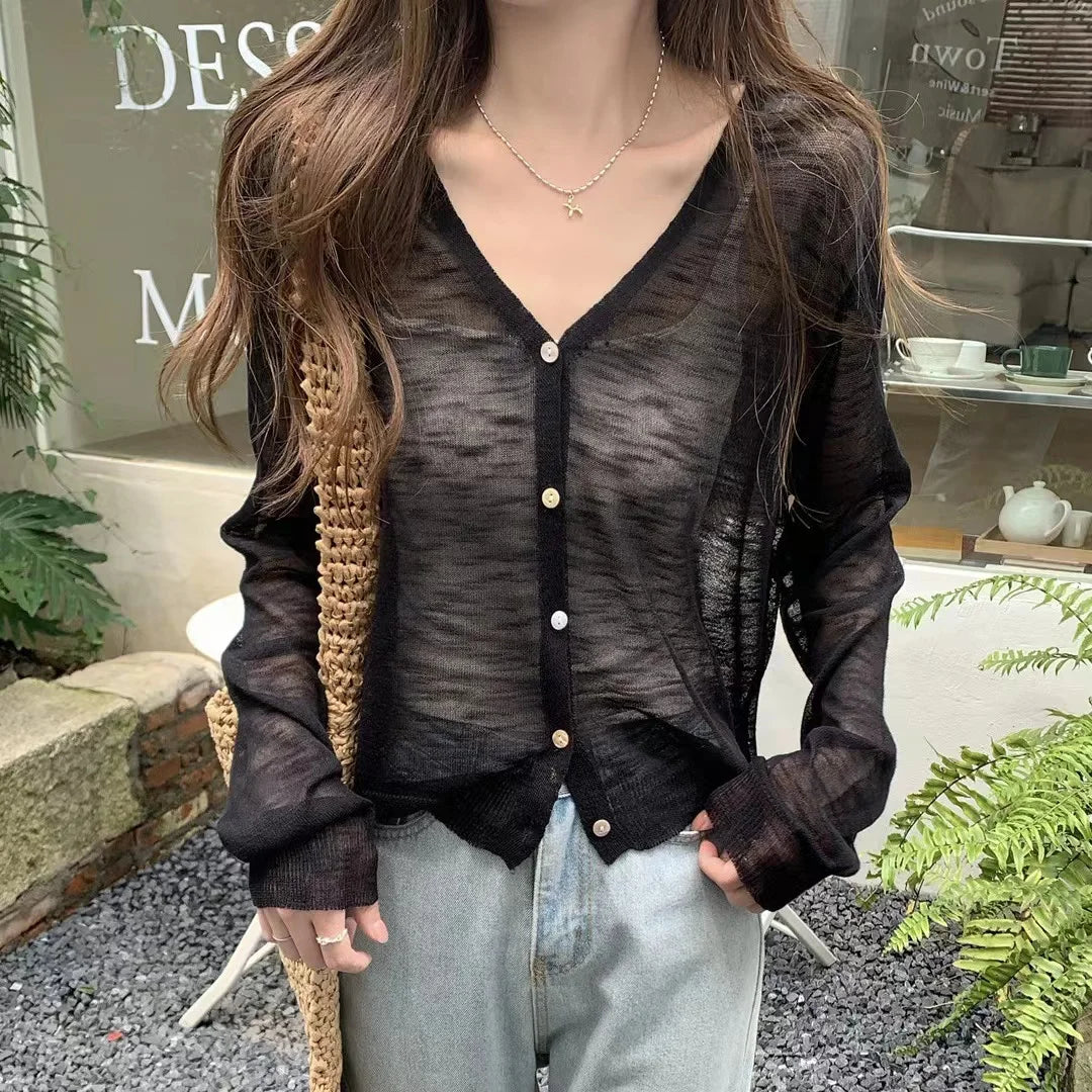 Button Down Knitted Cardigan for Women Long Sleeve V-neck Lightweight