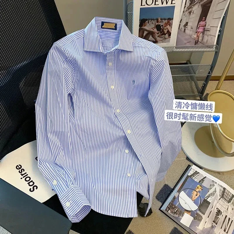 Striped Polo Neck Button Shirt Tops Long Sleeve Loose All-match High