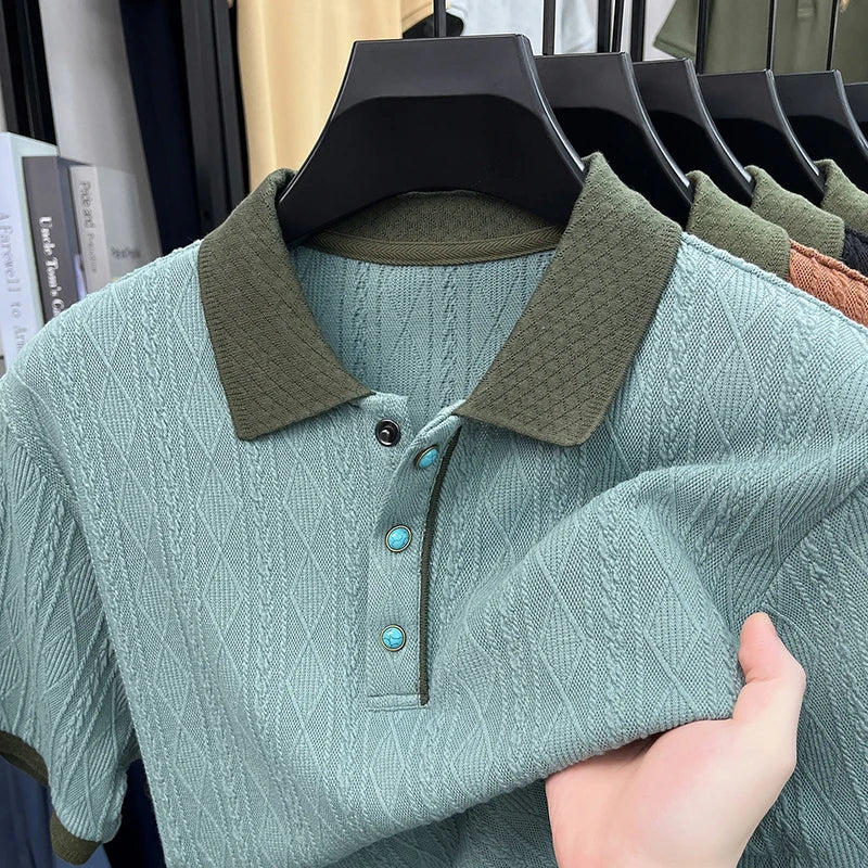 Luxury summer breathable knitted short sleeve polo shirt men new retro