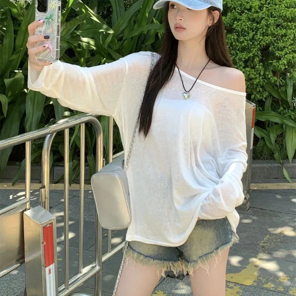 Summer T-shirt Women Beach Thin See Through Oversize Tees Korean Chic