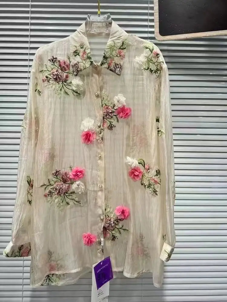 Luxury Design Summer Sparkle Diamonds Flowers Embroidery Party Shirts
