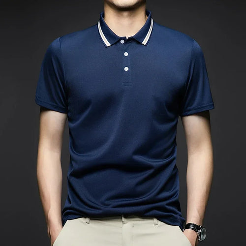 Men's Fashion Solid Short Sleeved Striped Lapel Polo Shirt Summer