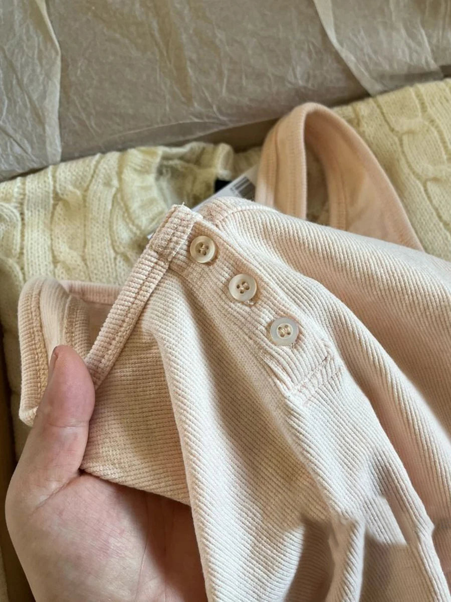 Sweet Pink Ribbed Basic Crop Top Women Summer Three Buttons Sleeveless