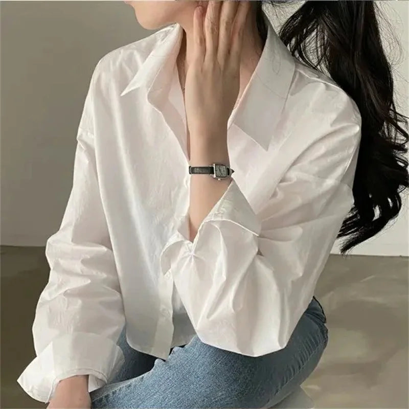 Spring New Casual Long Sleeve Women White Shirt Korea Style Solid
