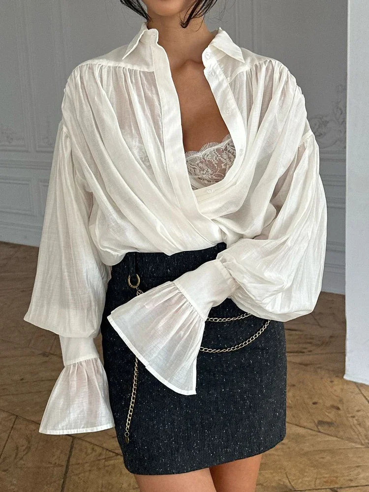 Tossy Casual Loose See-Through Shirts Women's Autumn Lapel Long Sleeve