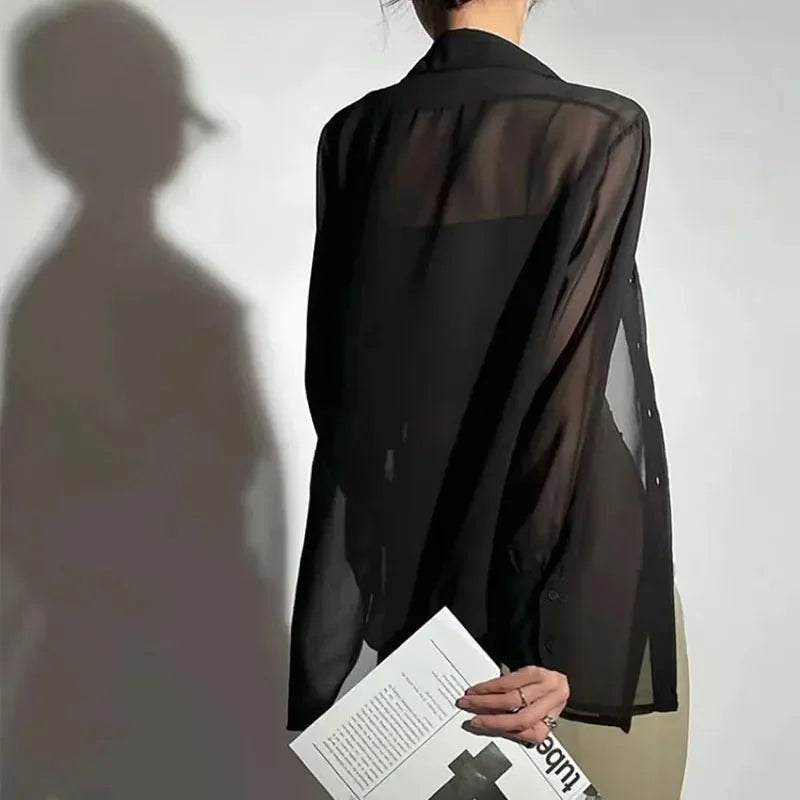 SMVP Chiffon Blouse for Women 2025 New Summer Sheer Mesh Long Sleeve