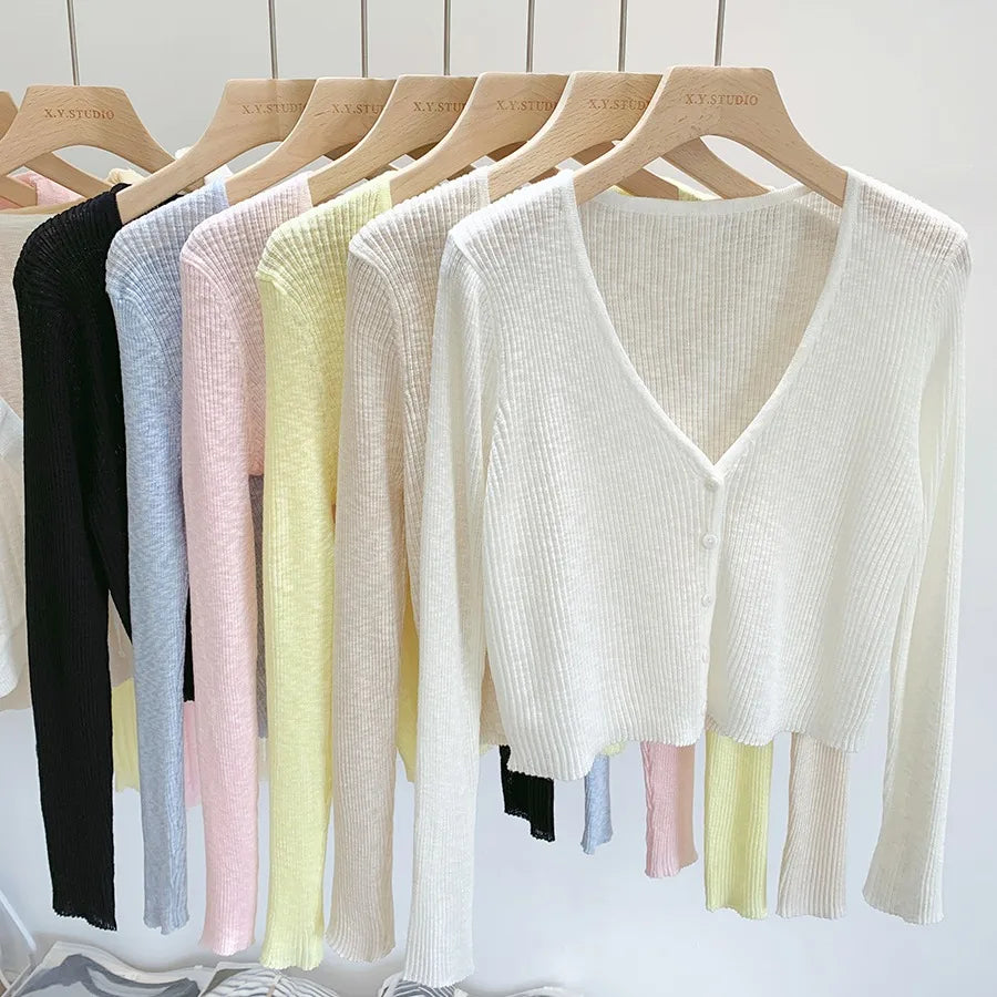 2026 Summer Thin Ice Silk Knit Sun Protection Women Cardigan Solid