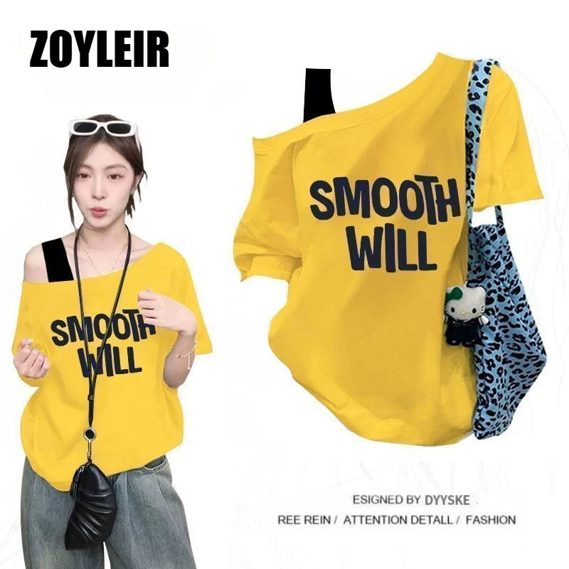 Elegant Summer One Shoulder T Shirt Women Fake Two-piece Oversize