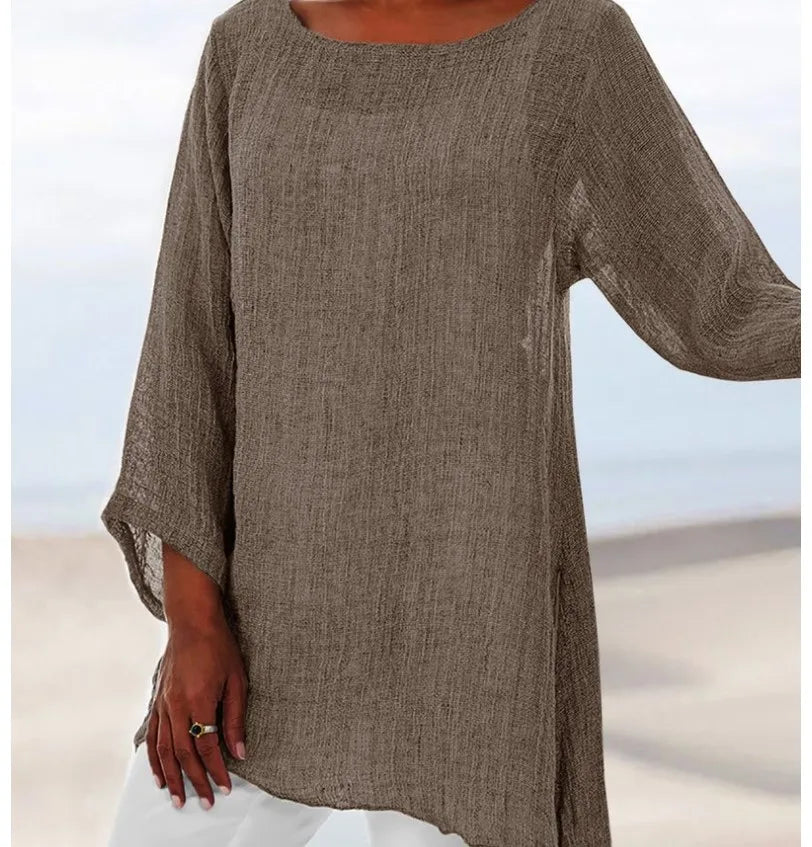 Hot Blouse Women Solid Color Cotton Linen O-Neck Long Sleeve Irregular