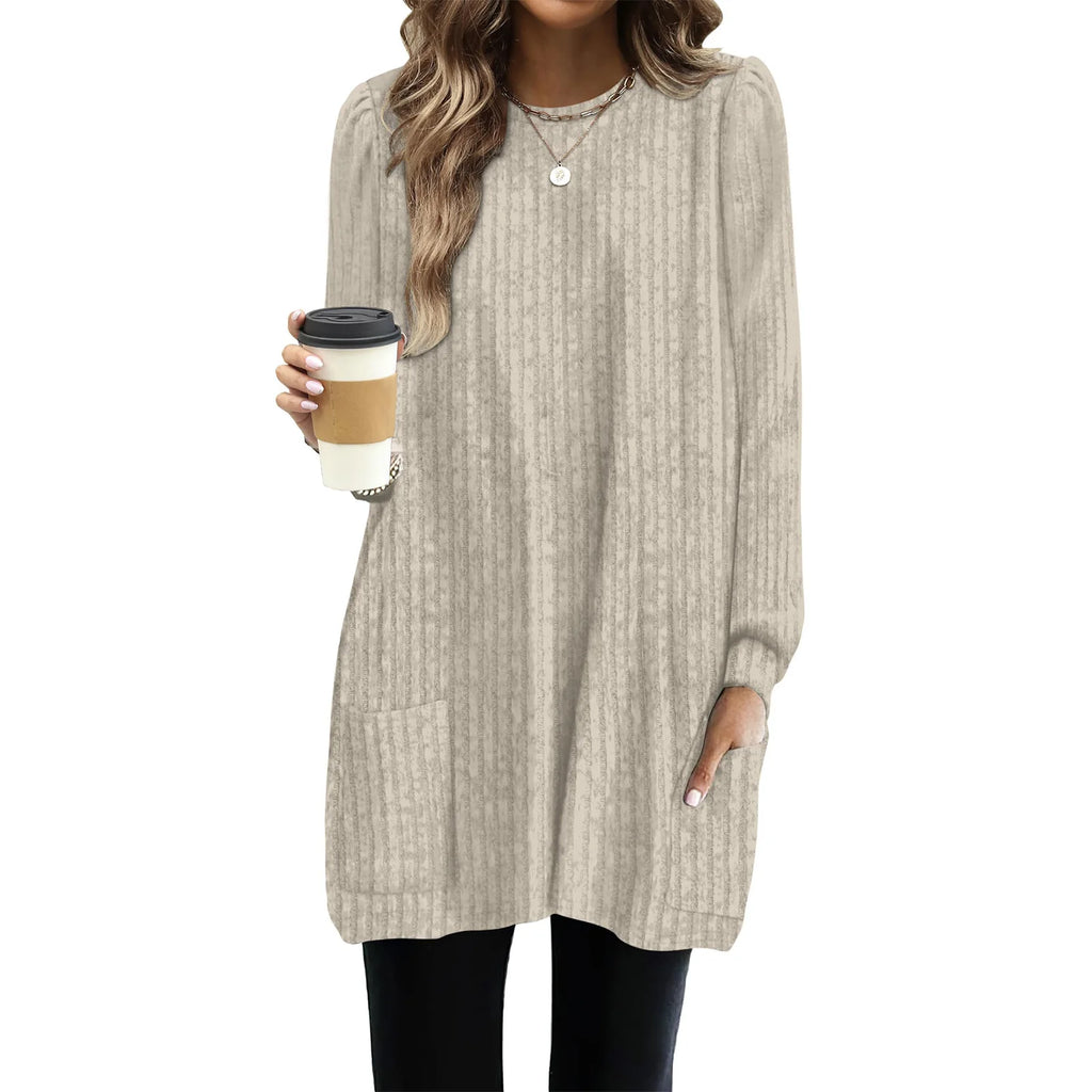 New Spring Women Long Shirts Puff Long Sleeve Round Neck Casual Loose