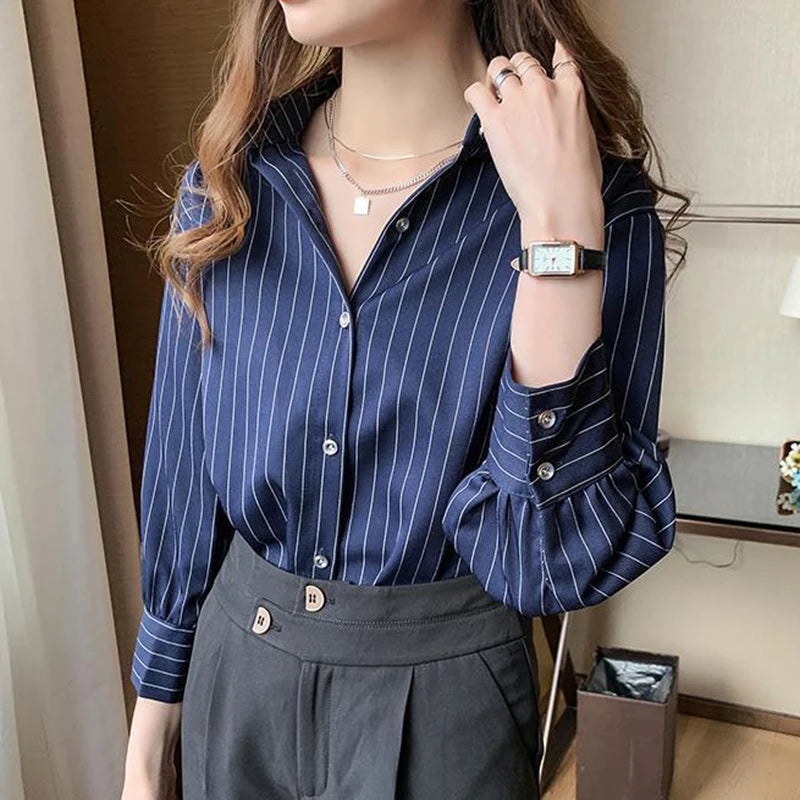 Striped Shirt Women Summer Vintage Chic Loose Long Sleeve Top Y2K
