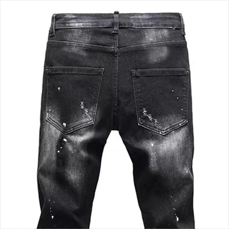 Vintage Washed Distressed Denim Jeans Men Paint Splatter Ripped Slim