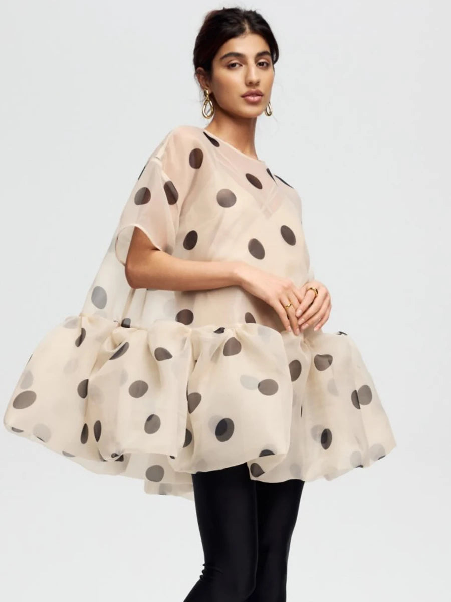 LIMO Women Sheer Organza Polka Dot Blouse Loose Short Sleeve Ruffle
