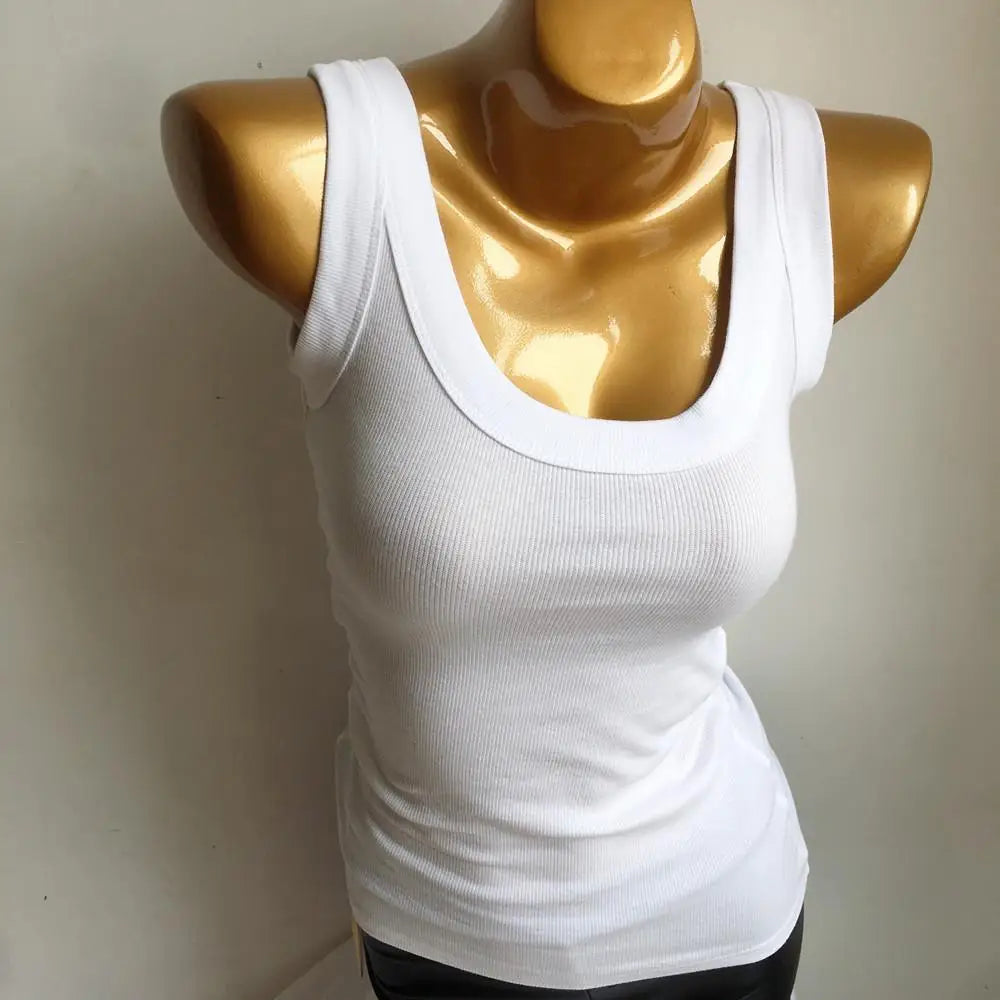 Summer Wide Shoulder Straps Slim Fit White Tank Top Sexy Low Cut