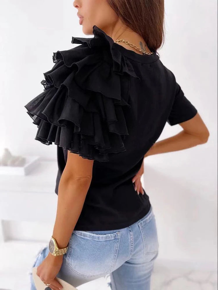 Women Summer Ruffles Short Sleeve Loose T Shirt Chic Elegant Solid O