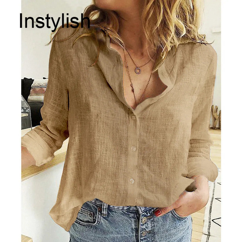 Women Casual Long Sleeve Cotton Linen Loose Shirt Elegant Solid