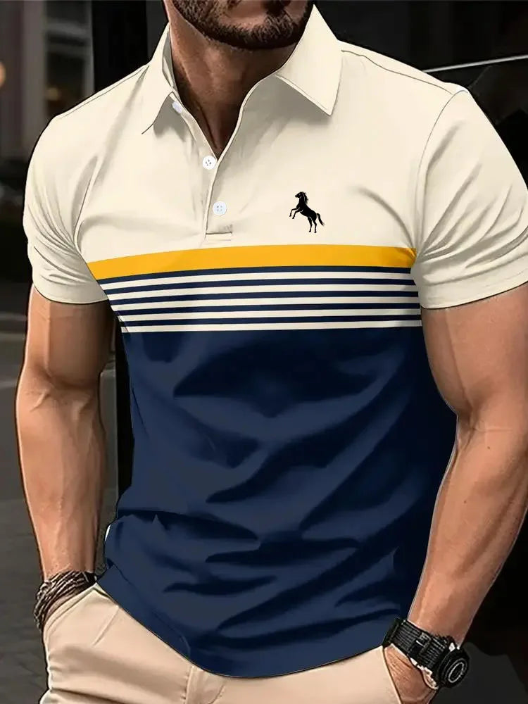 Men'S Casual Short Sleeve Polo Shirt with 3D Horse Print Striped Color