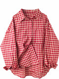 2025 Y2k Autumn Women New Vintage Red Plaid Turn-down Collar