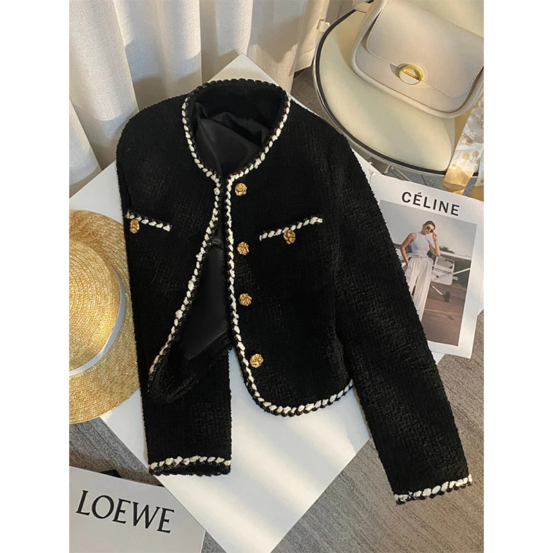 MEXZT Vintage Tweed Jacket Women Elegant Cropped Quilted Coat Commute