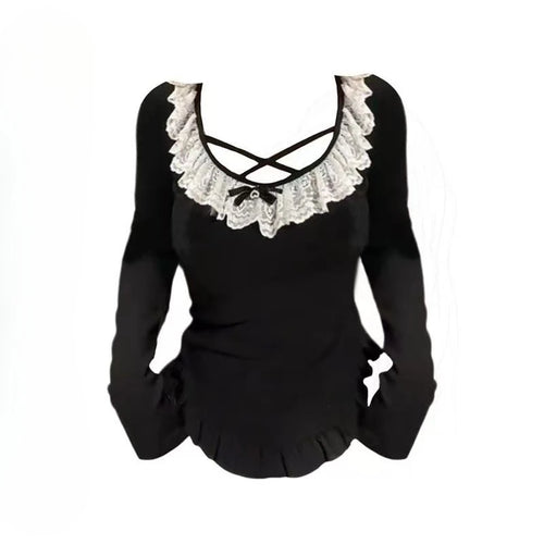 Korean Fashion Elegant Patchwork Lace Tops Slim Casual Long Sleeve
