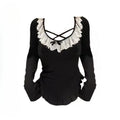 Korean Fashion Elegant Patchwork Lace Tops Slim Casual Long Sleeve