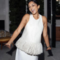 Faux Leather Fringe Ptachwork Halter Top Women Casual Solid Sleeveless