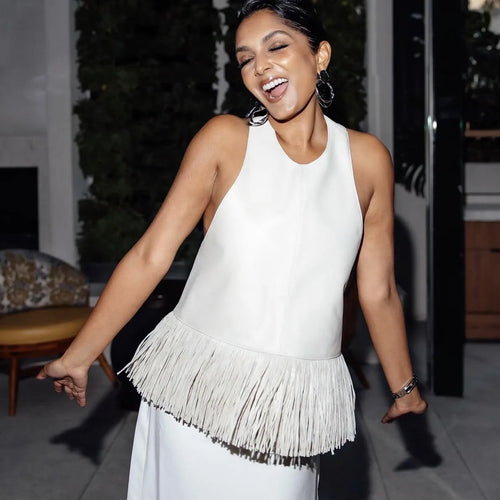 Faux Leather Fringe Ptachwork Halter Top Women Casual Solid Sleeveless