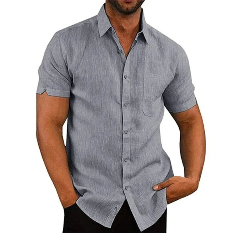 Summer Polo Collar Solid Short Sleeve Button Men's Shirt Men's