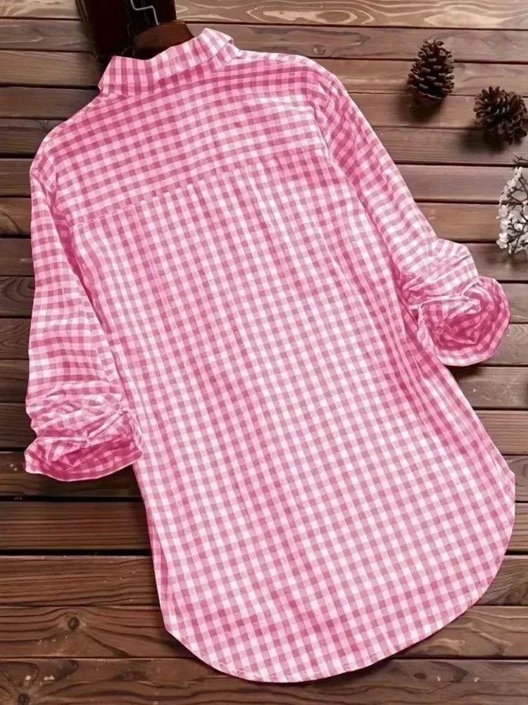 Plus Size Plaid Women's Cotton Linen Long Sleeves Roll Up Striped