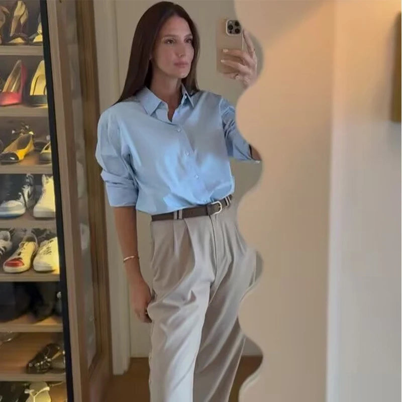 HXAO 2025 Women's Shirt Long Blue Shirt Women Spring Long Sleeve