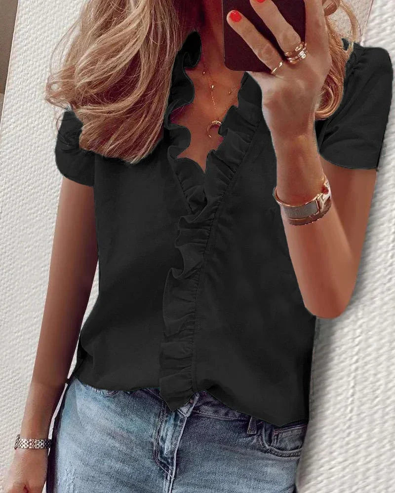 White Womens Shirts Tops Summer Short Sleeve Casual Ruffles V-Neck