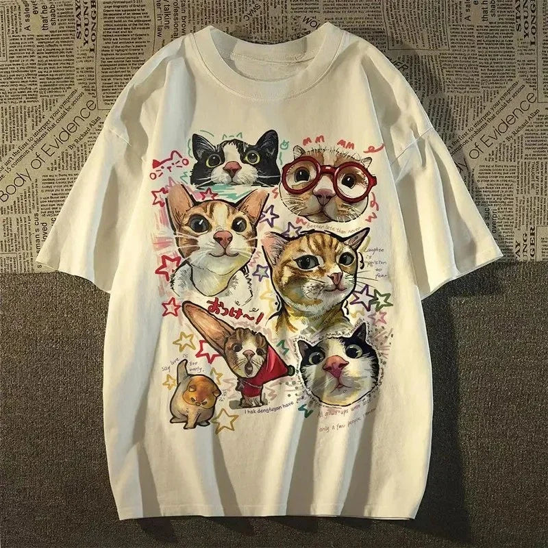 American Retro Fun Cartoon Cat Print Short-sleeved T-shirt Women's