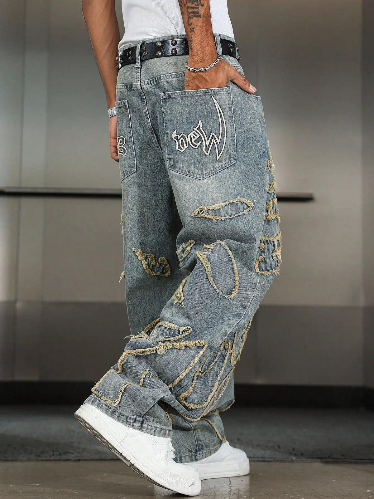 Men's Street Style Casual Patchwork Embroidered Frayed Hem Macau Blue