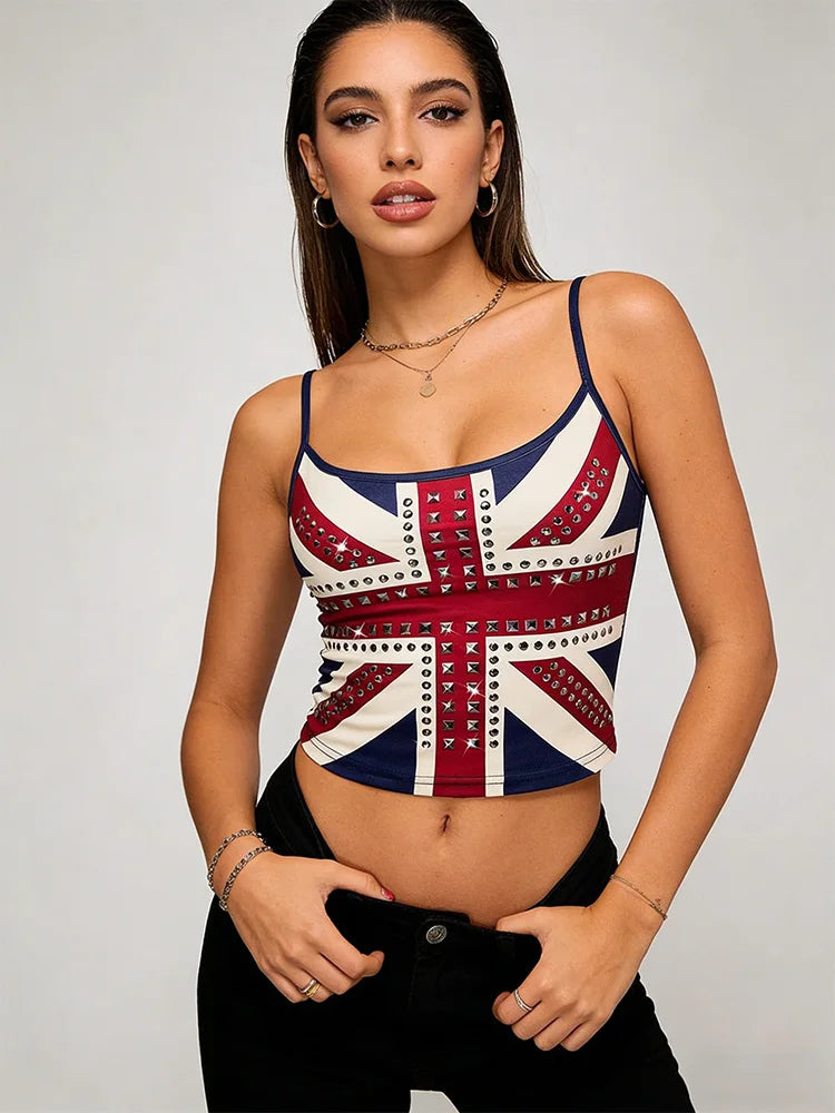 Summer Slim Fit Crop Tank Tops Women Union Jack Print Studded