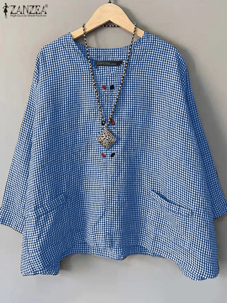 Casual Loose Women Blouse ZANZEA Summer Round Neck Shirt Checked