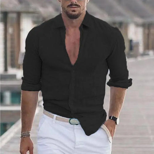 2023 New Men's Shirt Cotton linen Fashion Casual Polo Neck Beach Shirt