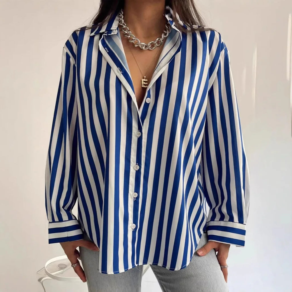 Striped Button Down Shirt Women's Loose Fit Turn Down Collar Casual