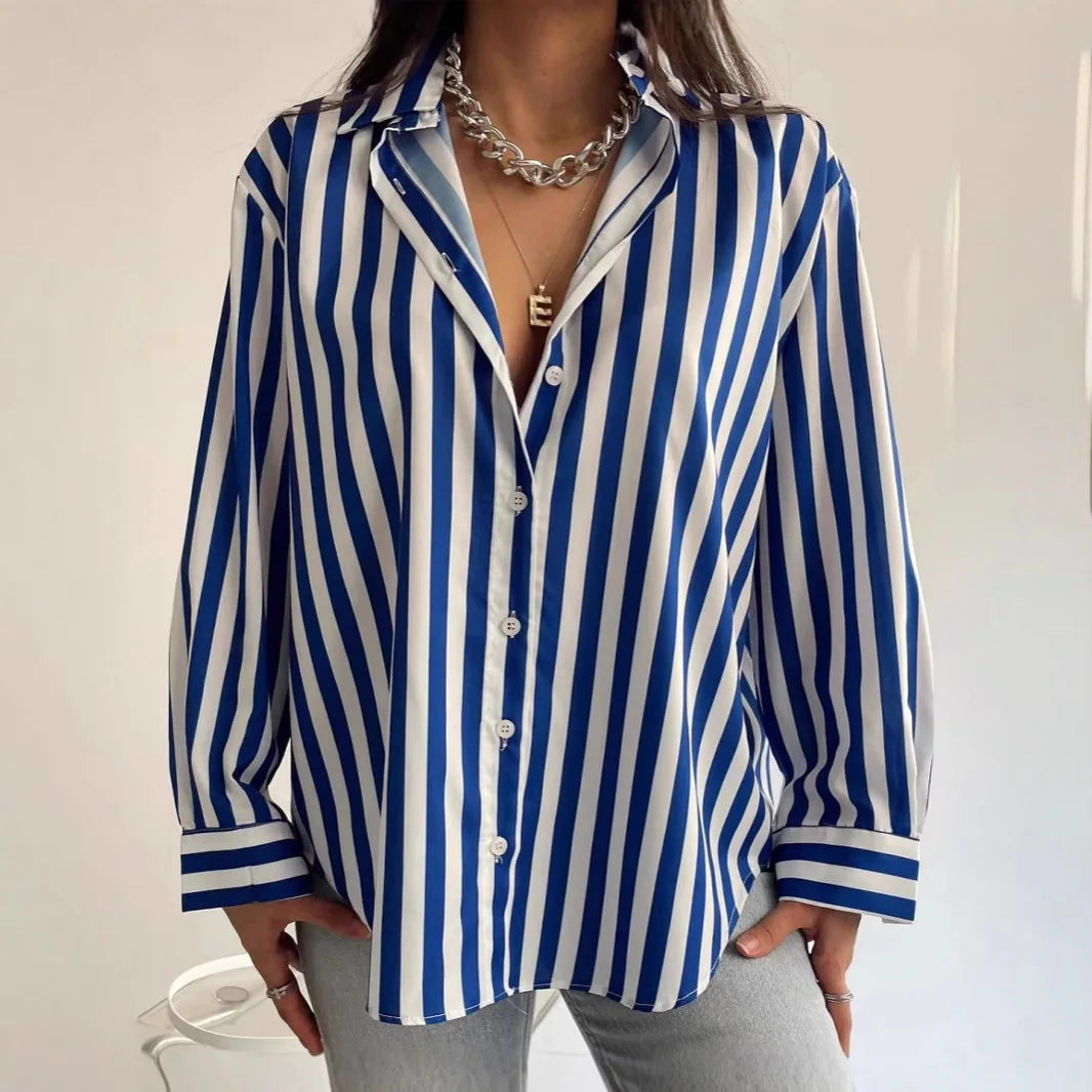 Striped Button Down Shirt Women's Loose Fit Turn Down Collar Casual