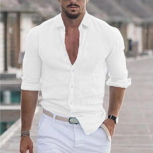 2023 New Men's Shirt Cotton linen Fashion Casual Polo Neck Beach Shirt