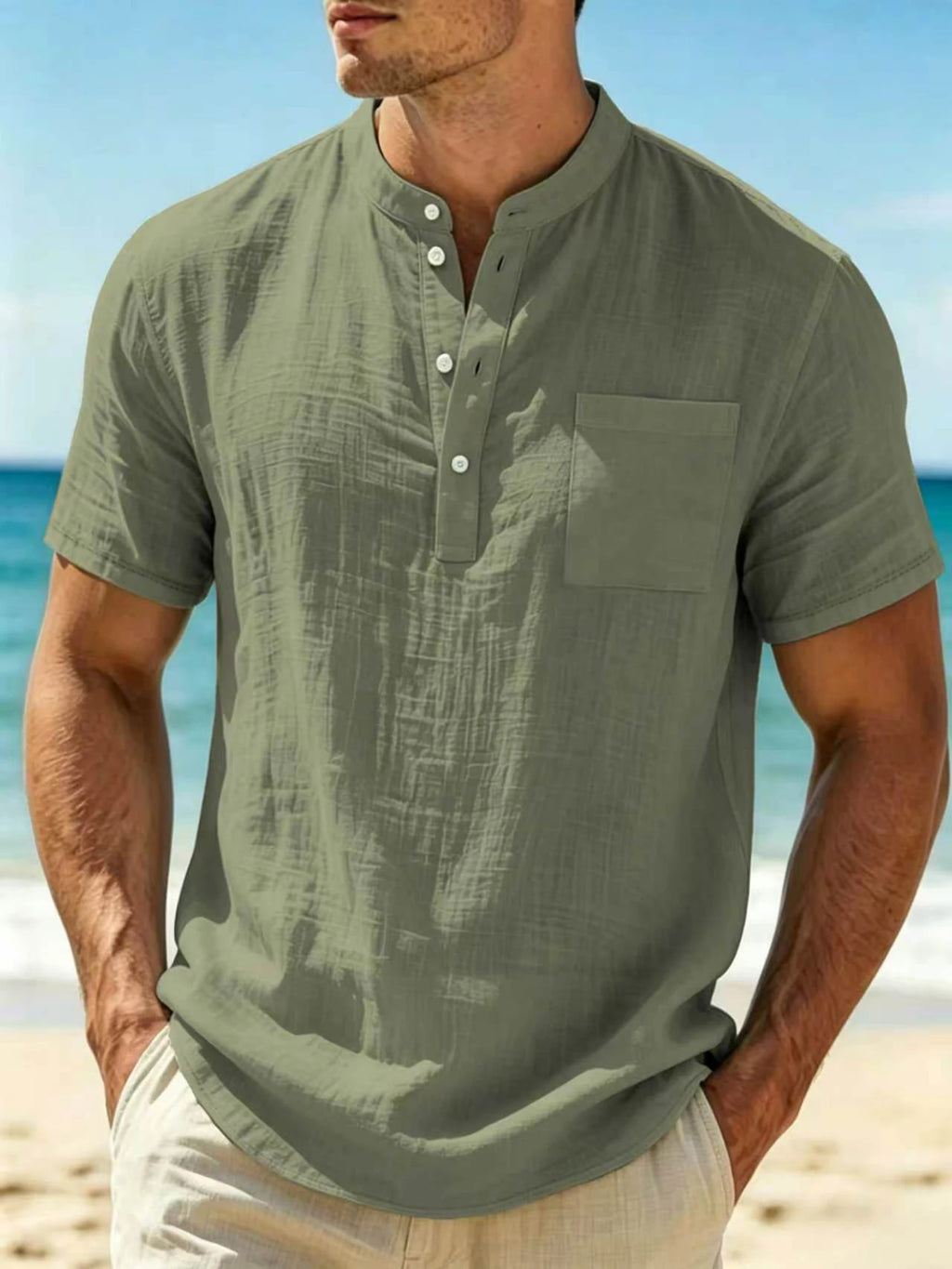 Men's Mandarin Collar Cotton Linen Short Sleeve Shirt, Breathable