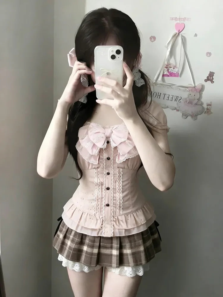 Japanese Sweet Three Piece Set Women Lace Bow Blouse + Cami Top +