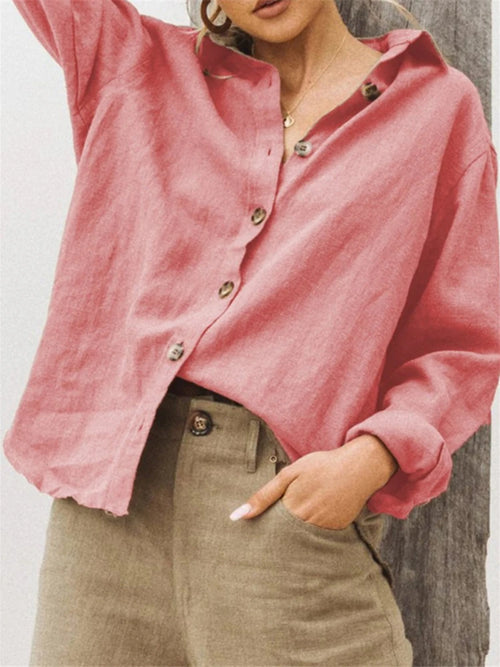 Casual Long Sleeve Cotton Linen Loose Women's Blouse  Elegant Solid