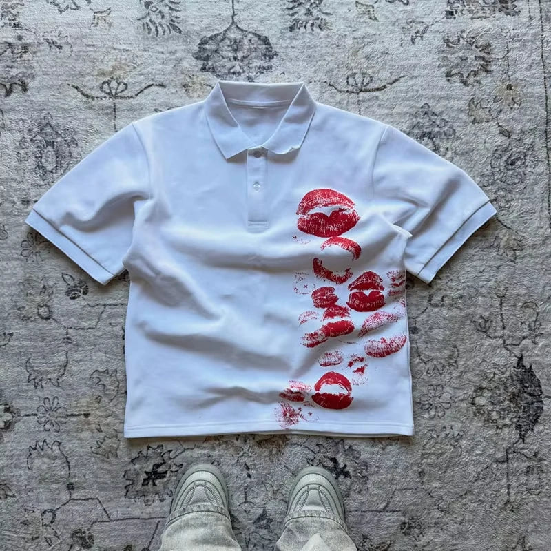 Y2K Polo Shirt Print Rock Goth Oversized T-shirt Hip Hop Button-down