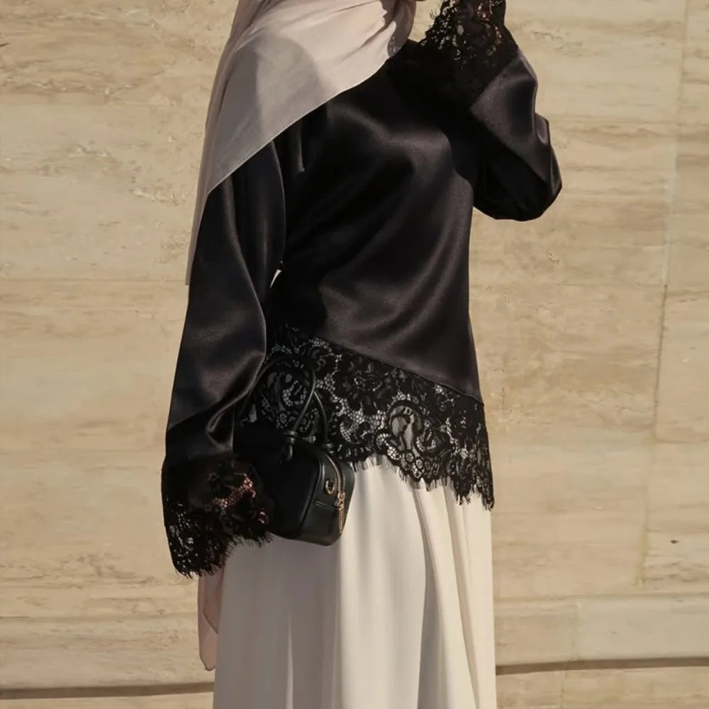 Fashion Belted Waist Lace Patchwork Top Flare Sleeve Asymmetrical