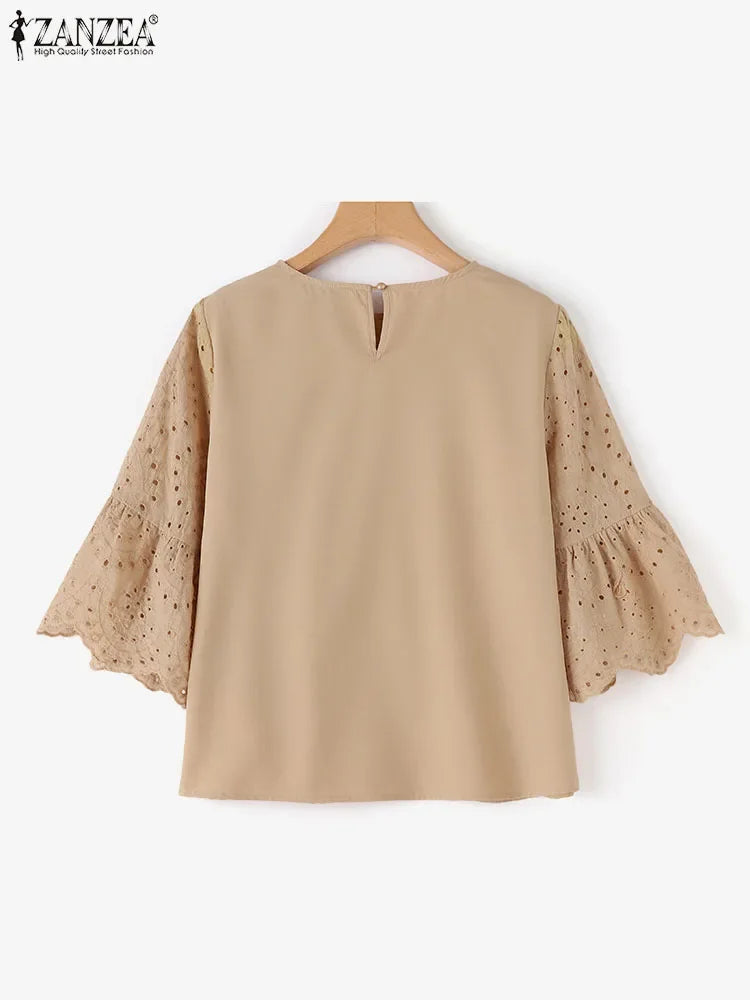 ZANZEA 3/4 Ruffle Sleeve Loose Blusa Women Hollow Out Lace Patchwork