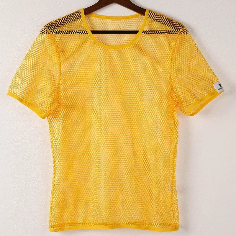 Men's Hollow Out Mesh T-Shirt, Breathable, Sport, See Through,