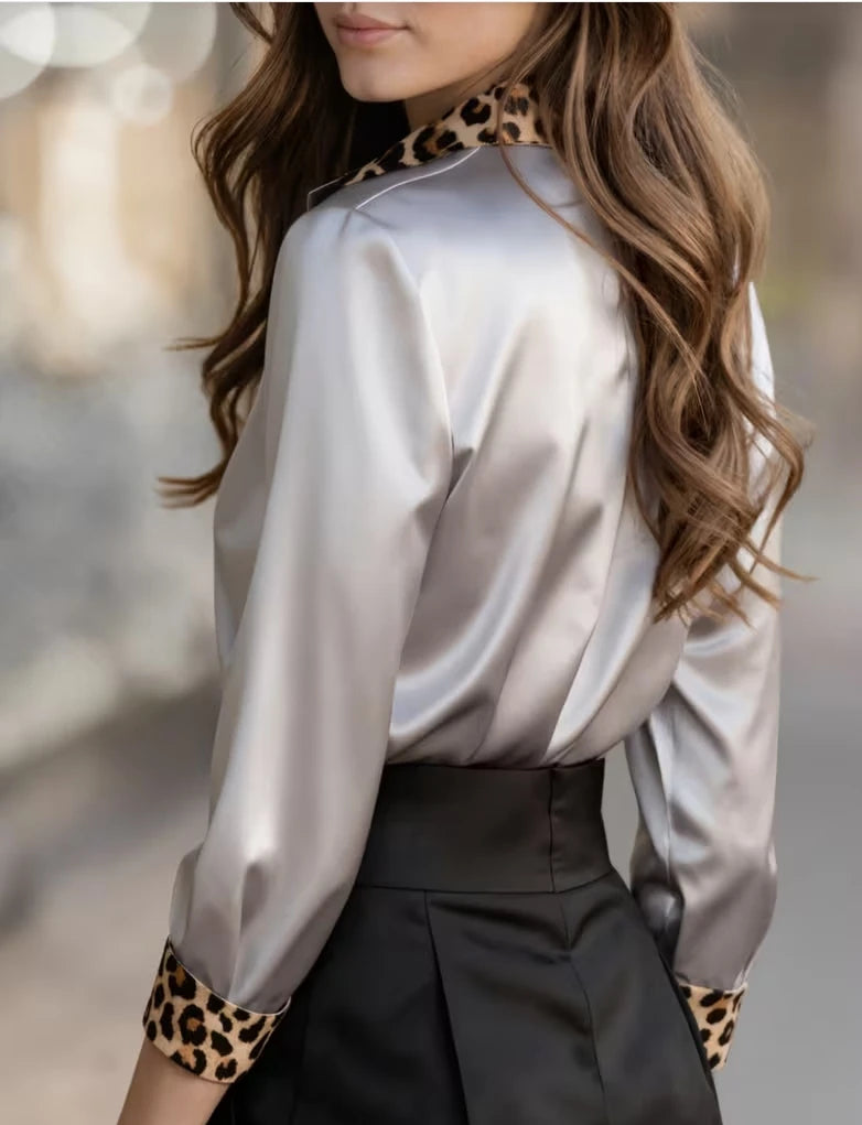 Elegant Long Sleeve Button Down Shirt with Leopard Print Collar, Cuffs