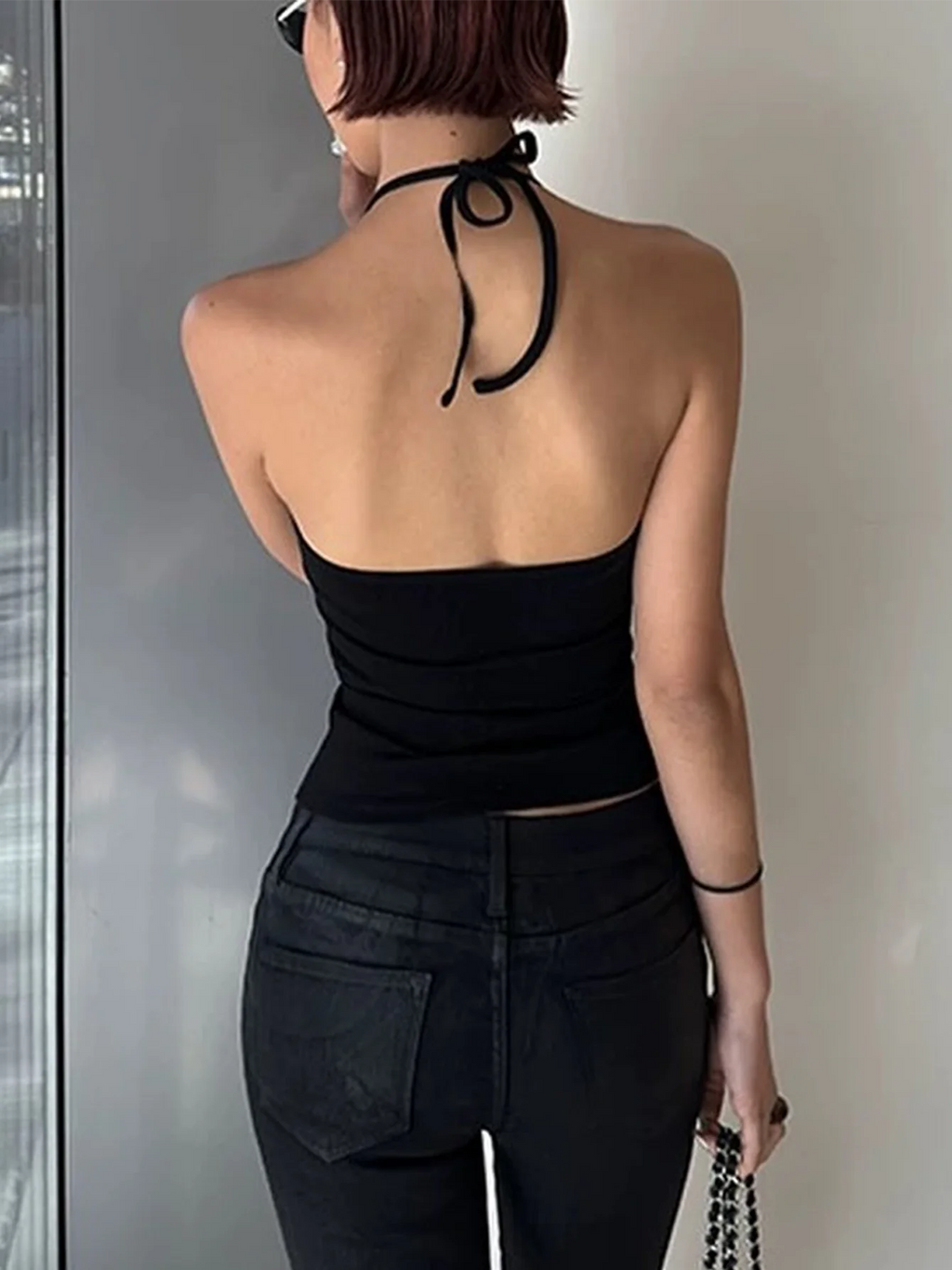 Dulzura Women'S Solid Sexy Backless Lace Up Slim Halter Tank Top
